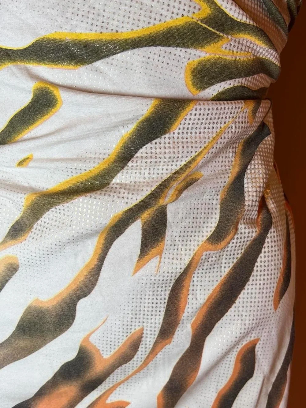 Cache One-Shoulder White Dress with Olive and Brown Abstract Print